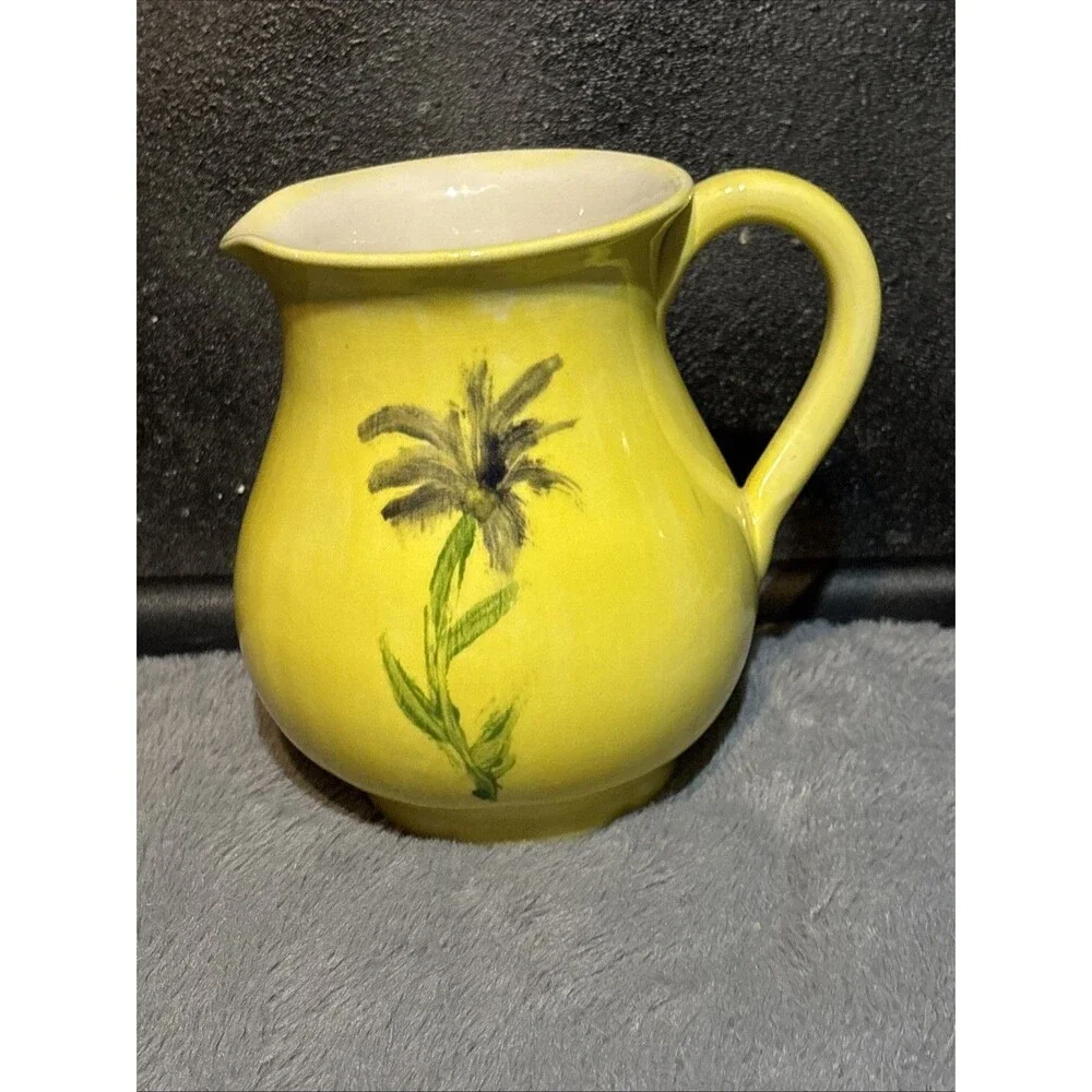 Handmade Art Pottery Pitcher Creamer Yellow Flowers In Out 6.25” Tall Vase Decor